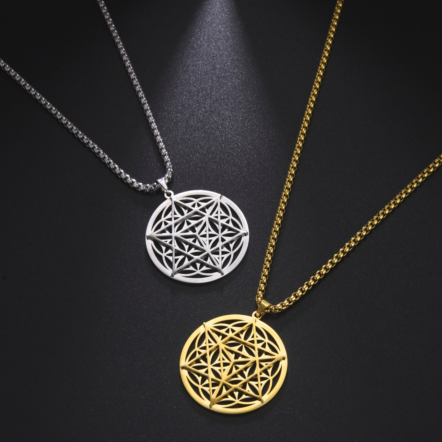 Bague creuse coupée en plaqué or véritable, pendentif Merkaba, matériau 304, collier en acier inoxydable