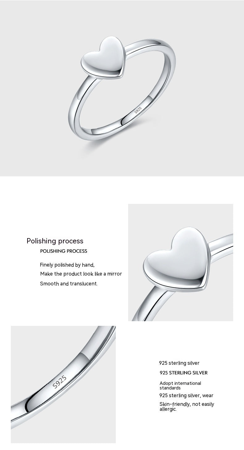 Female Minority Simple S925 Glossy Love Heart-shaped Ring