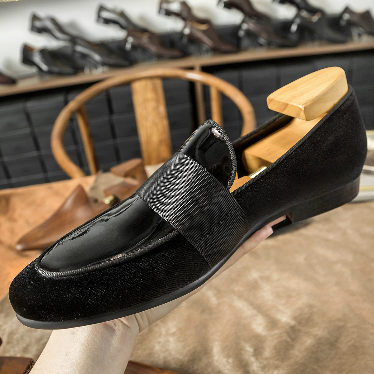 Mocassins coréens en cuir verni velours, chaussures rondes décontractées en cuir