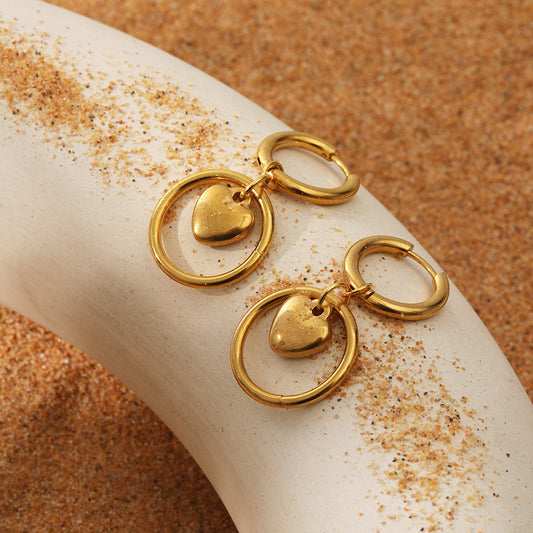 Boucles d'oreilles en acier inoxydable 18 carats, plaqué or véritable, cercle, cœur d'amour