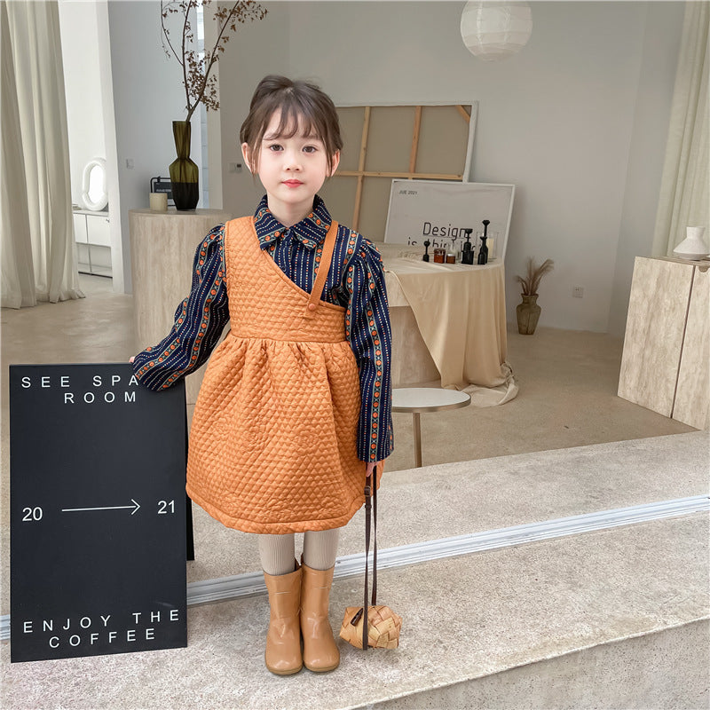 Costume deux pièces en polaire pour filles, chemise à fleurs, robe fantaisie à bretelles