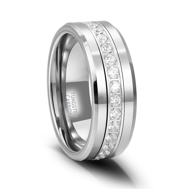 Bague en tungstène argenté unisexe à une rangée de diamants incrustés de pente