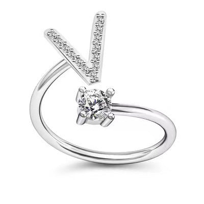 Female Stylish Adjustable Zircon 26 Letters Ring