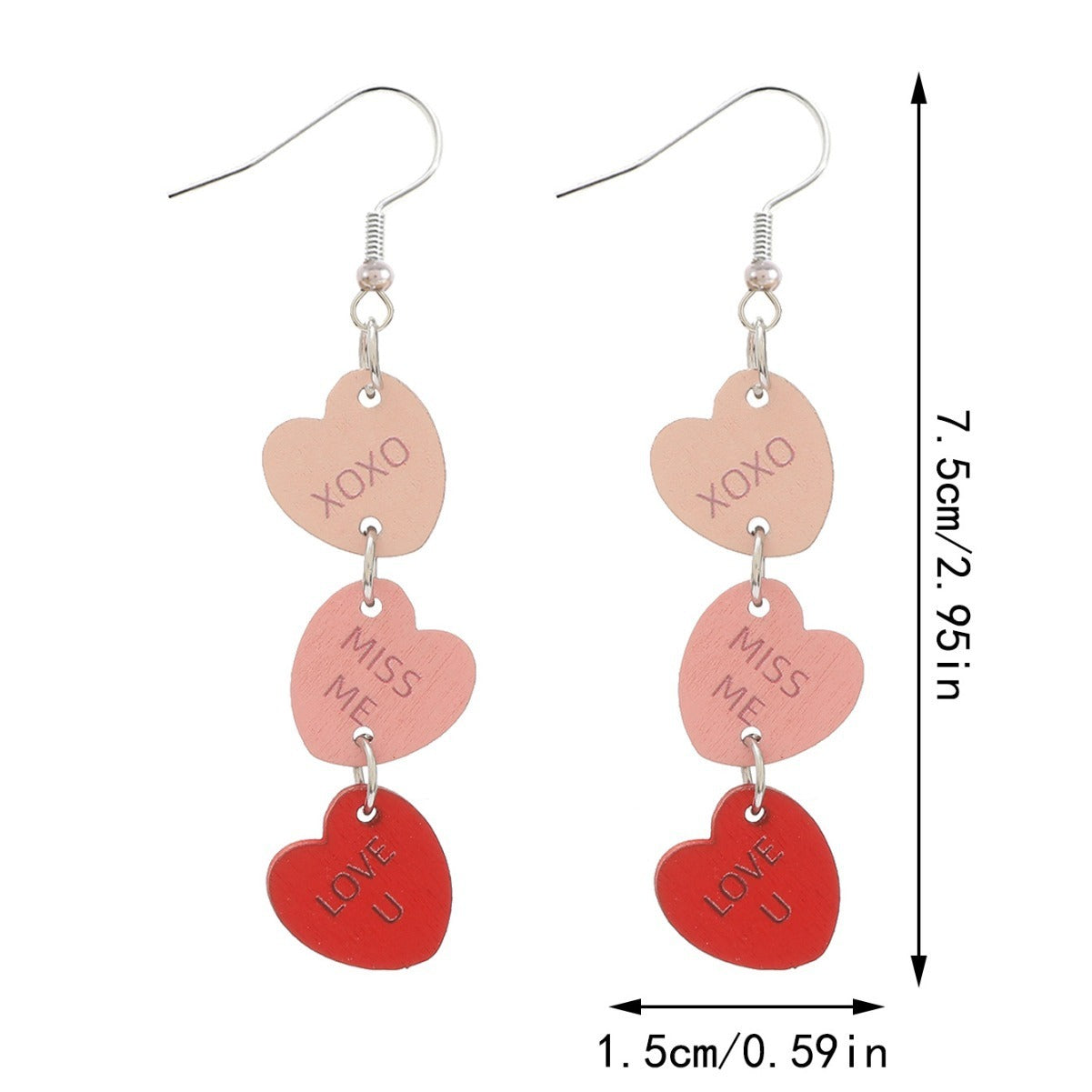 Boucles d'oreilles multicouches en forme de cœur d'amour pour la Saint-Valentin, lettres anglaises