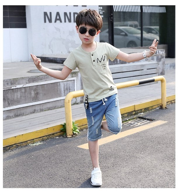 Vêtements d'été pour enfants, t-shirt et short en jean pour garçons, 2 pièces