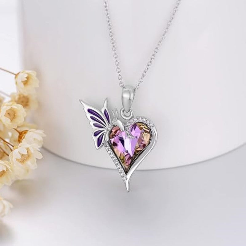 Collar con colgante de diamante de cristal de amor de mariposa púrpura de diseño de alta calidad para mujer