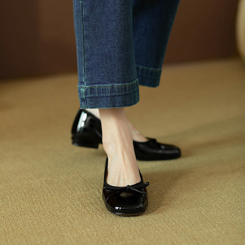 Chaussures plates en cuir verni à nœud vintage de style français