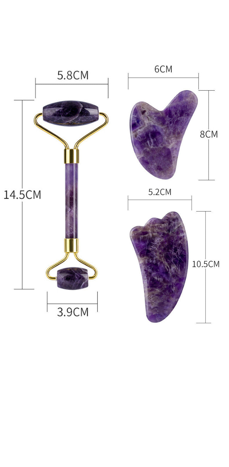 Juego de rodillos de amatista Masajeador Gua Sha en forma de corazón