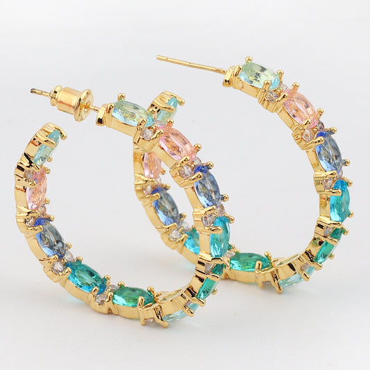 Shining Color Matching Round Ring Earrings Elegant Color Zircon