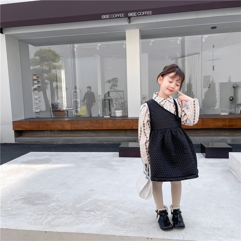 Costume deux pièces en polaire pour filles, chemise à fleurs, robe fantaisie à bretelles