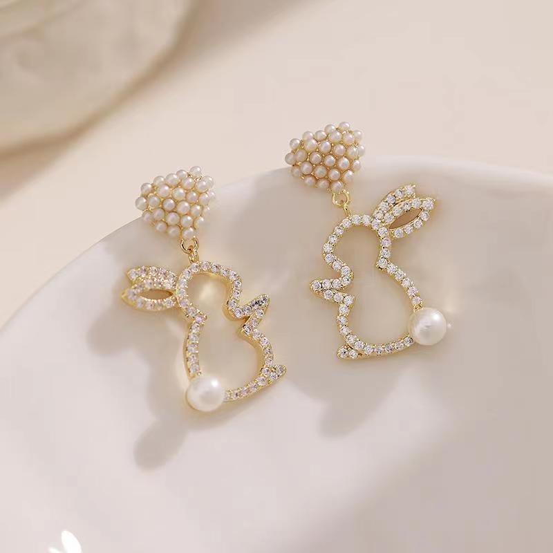 Pearl Bunny Earrings For Women Silver Pin Earrings