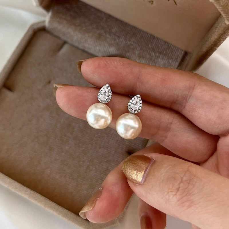 925 Sterling Silver Needle Pearl Stud Earrings Women's All-match Refined Simple
