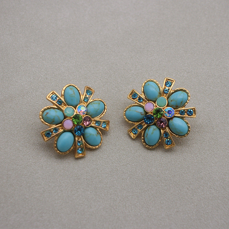Boucles d'oreilles turquoise fleur aiguille en argent