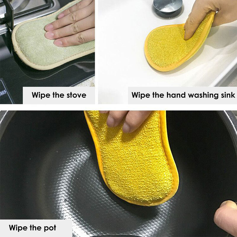 Éponge magique de nettoyage de cuisine Double face, microfibre antiadhésive, pièces de cuisine, bol de lavage et outils de casserole