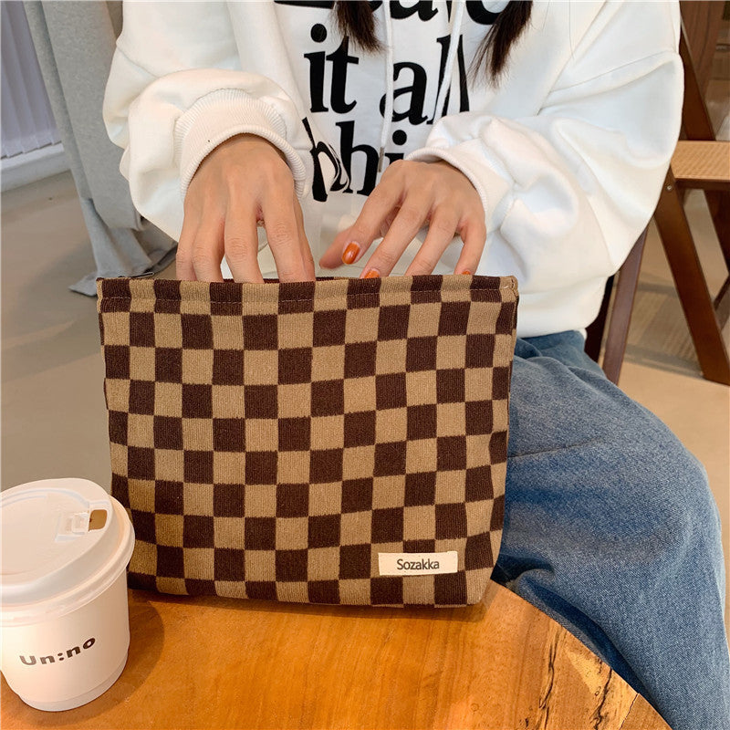 Portable Corduroy Chessboard Clutch Buggy Bag