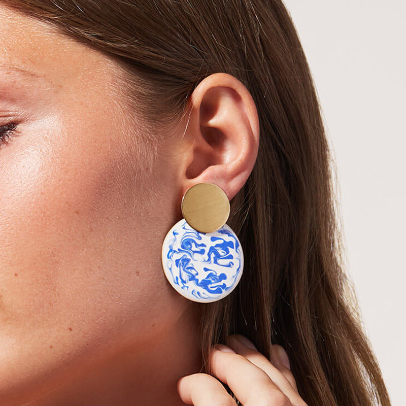 European And American Chinese Style Elements Large Blue And White Porcelain Enamel Enamel Earrings
