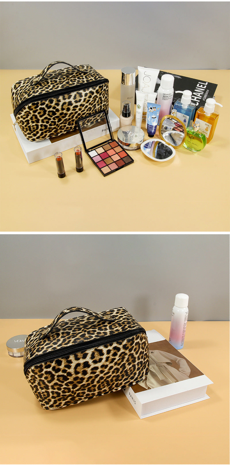Women's Leopard PU Leather Wash Makeup Storage Bag Large Capacity Multifunctional