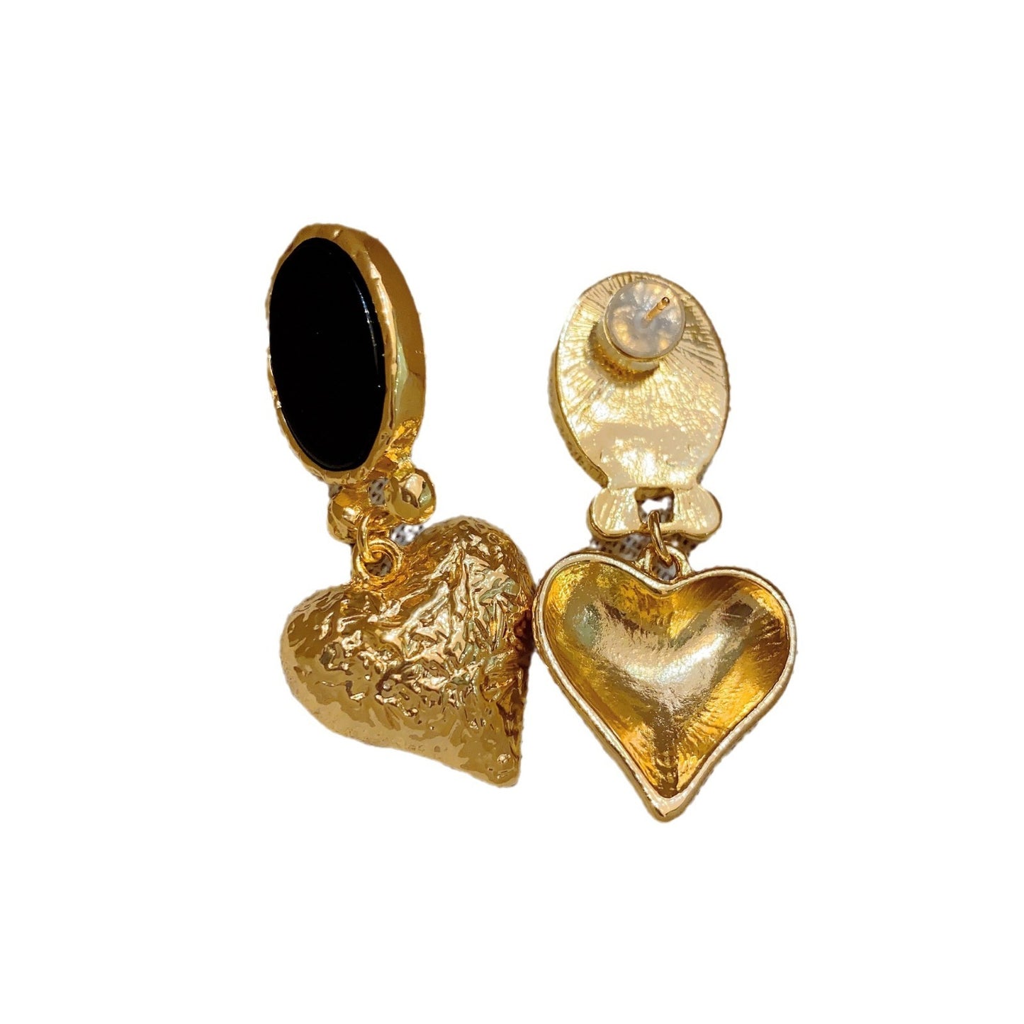 Boucles d'oreilles vintage incrustées d'agate noire en forme de cœur