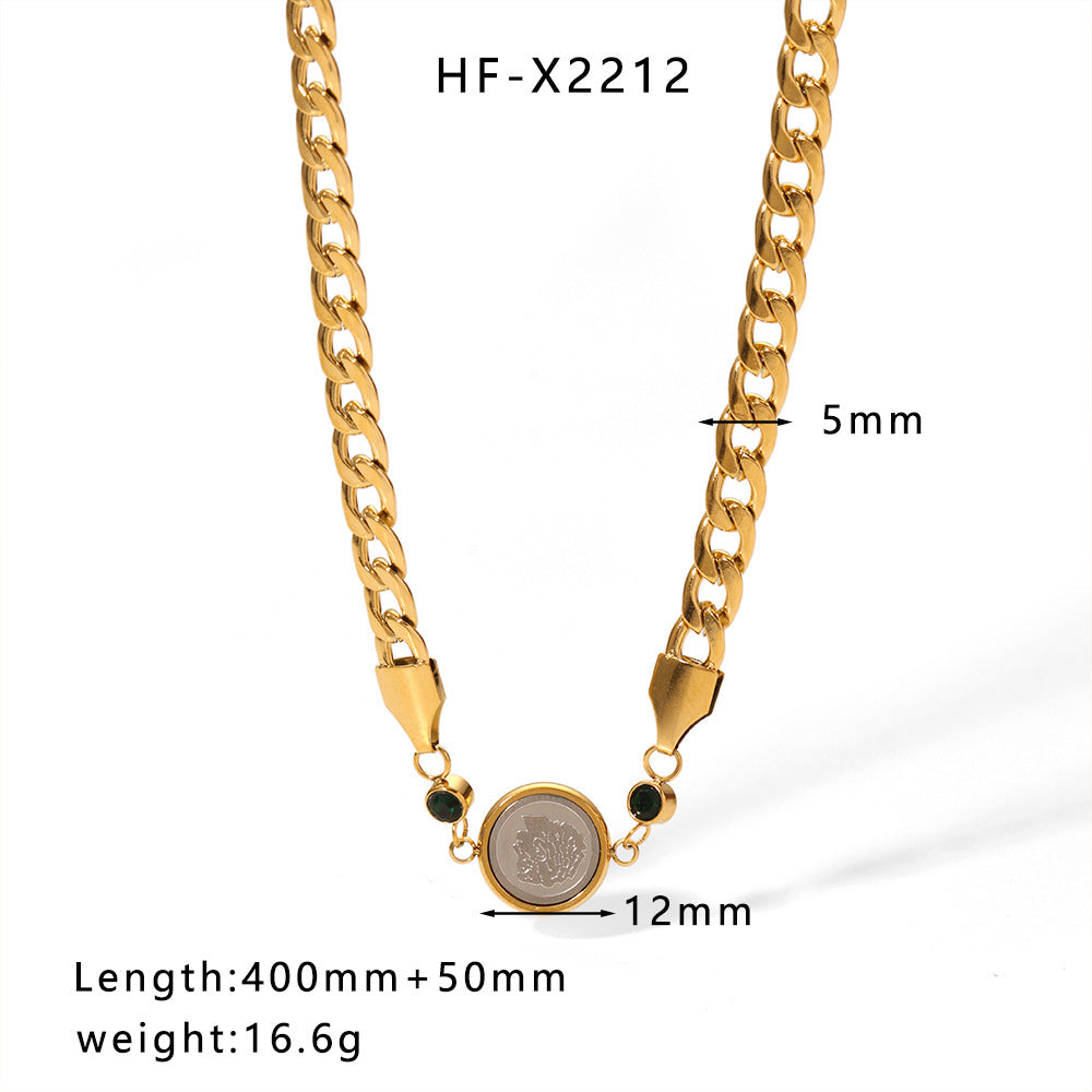 Cuban Link Chain Round Pendant Inlaid Zircon Necklace