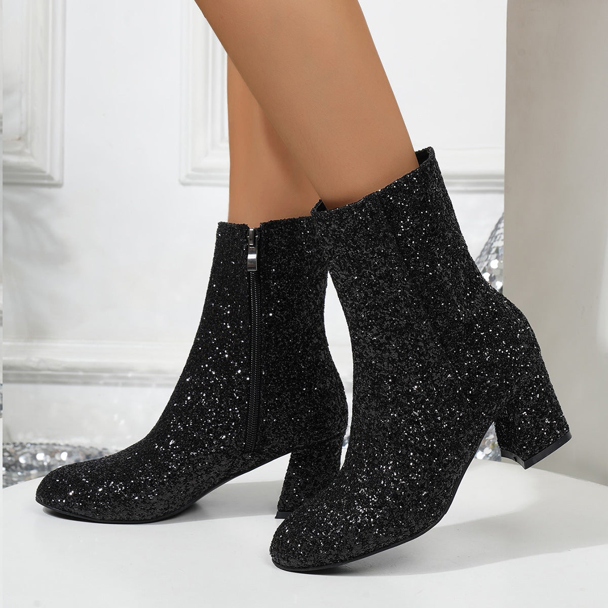 Bottes à paillettes pour femmes, chaussures à talons carrés avec fermeture éclair latérale, bottes de soirée de rue, nouvelle mode hiver automne printemps