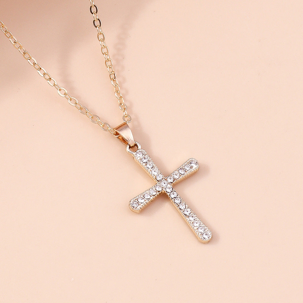 Fashion Simple Women's Diamond Spot Drill Hollow Cross Sweater Chain Necklace