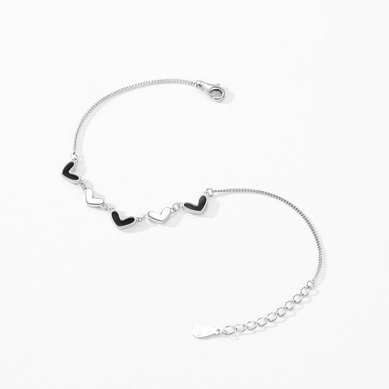 Pulsera de corazón de epoxi negro de plata de ley S925