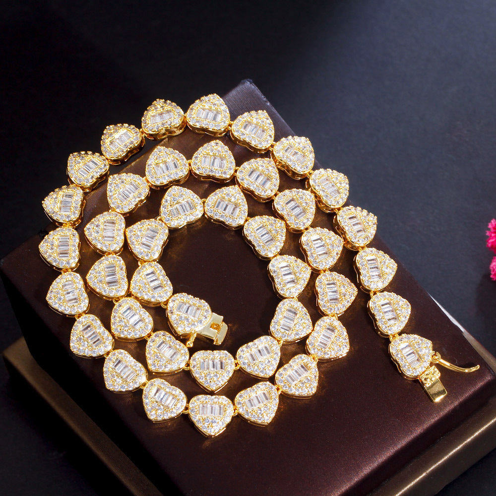 Collier Hip Hop en Zircon en forme de cœur cubain, plein de diamants, couture de cœur de pêche
