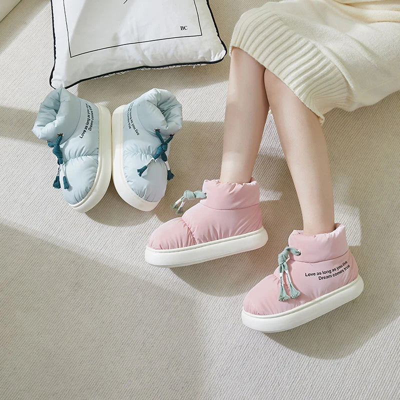 Chaussures d'hiver en coton avec cordon de serrage, bottes de neige épaisses et imperméables en peluche pour femme, confortables, semelle souple, bottines chaudes