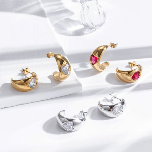 Boucles d'oreilles simples et gracieuses en acier inoxydable, cœur aimant en Zircon