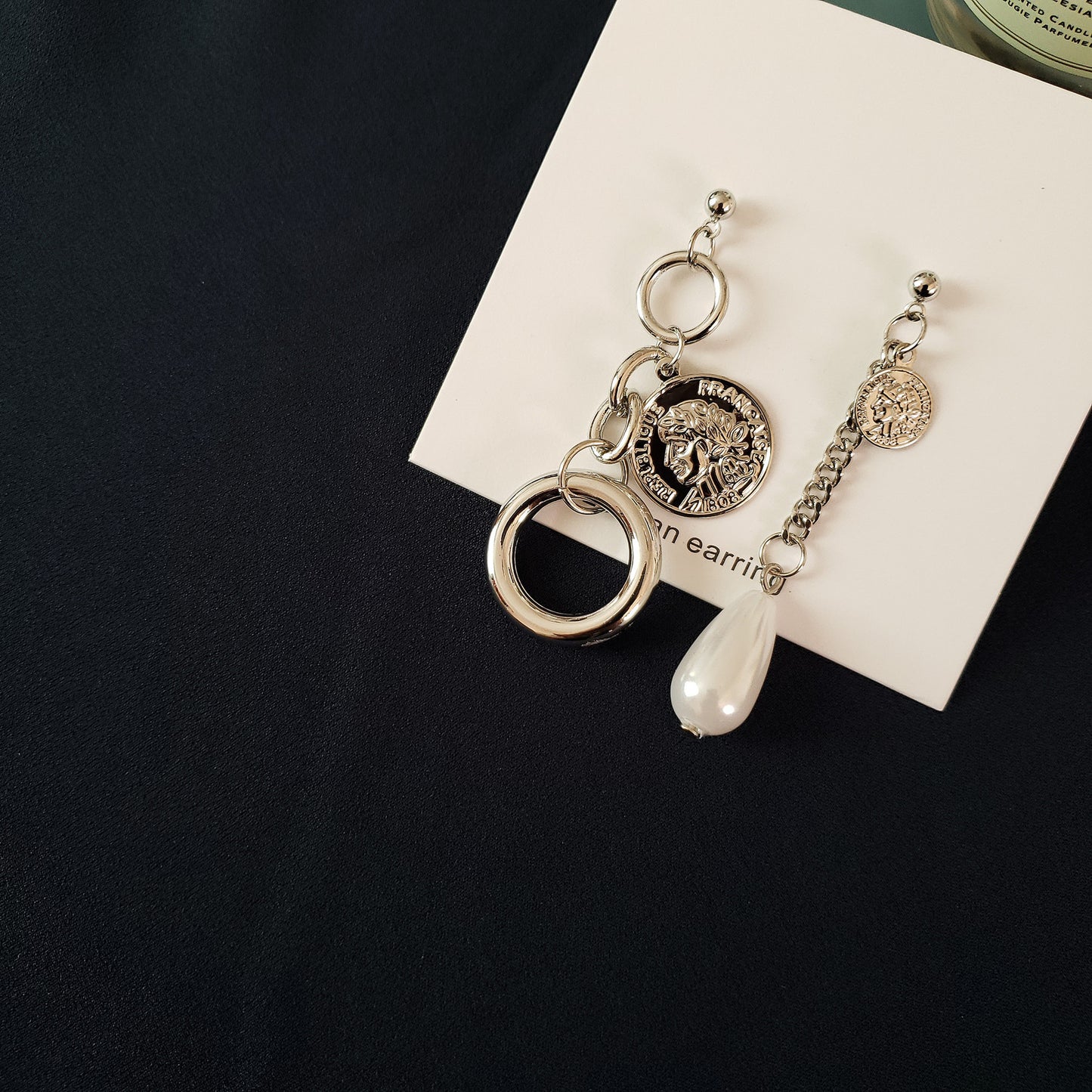 Japanese And Korean Style Vintage Ring Portrait Pearl Mixed Asymmetric Earrings