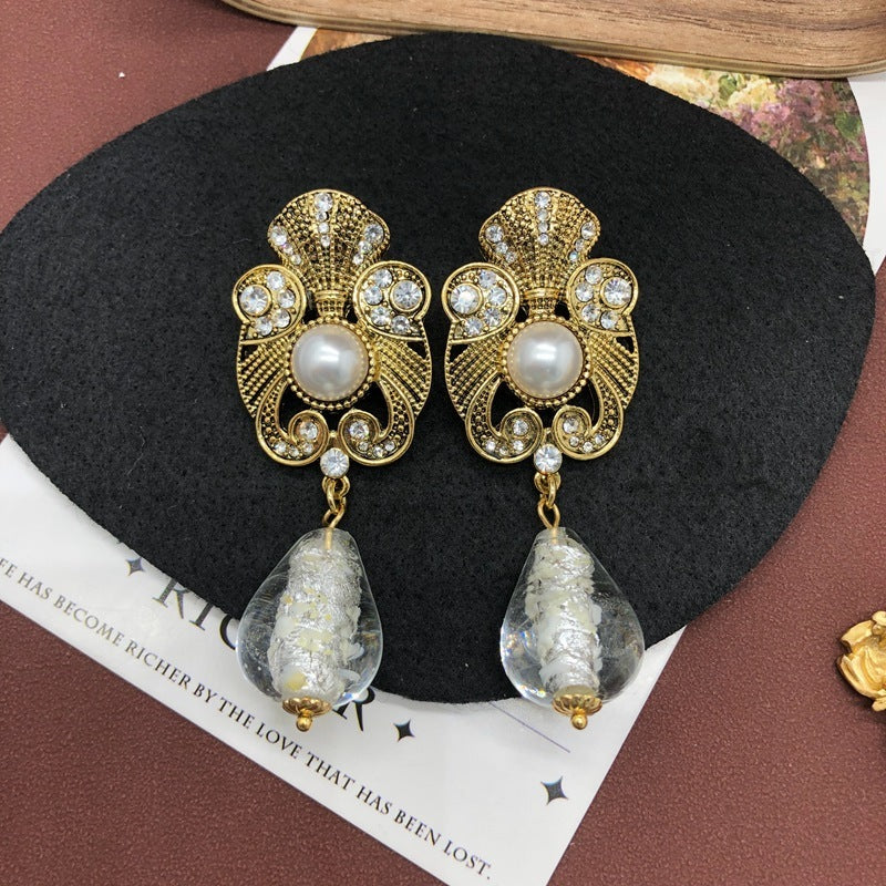 Retro Distressed Design Sense Earrings Rhinestone Pearl Earrings