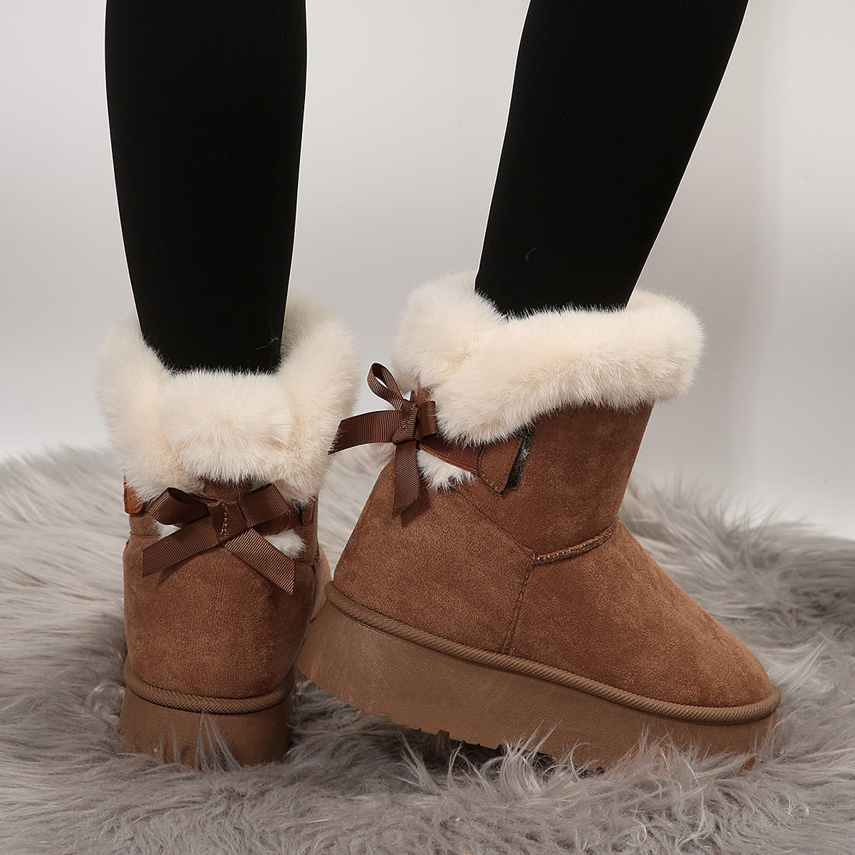 Bottines de neige à nœud papillon pour femme, chaussures chaudes en velours à semelles épaisses, simples, en coton, pour loisirs quotidiens, nouvelle collection hiver