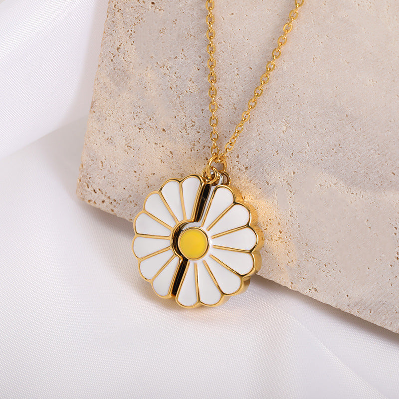 Daisy Stainless Steel Blank Inscription Necklace SUNFLOWER Gold Pendant Drop Oil Chrysanthemum Necklace