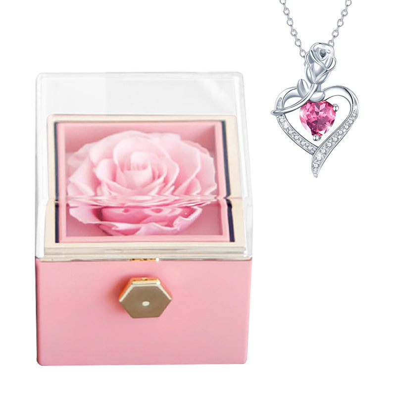 Rotatable Preserved Fresh Flower Necklace And Rose Box Suit