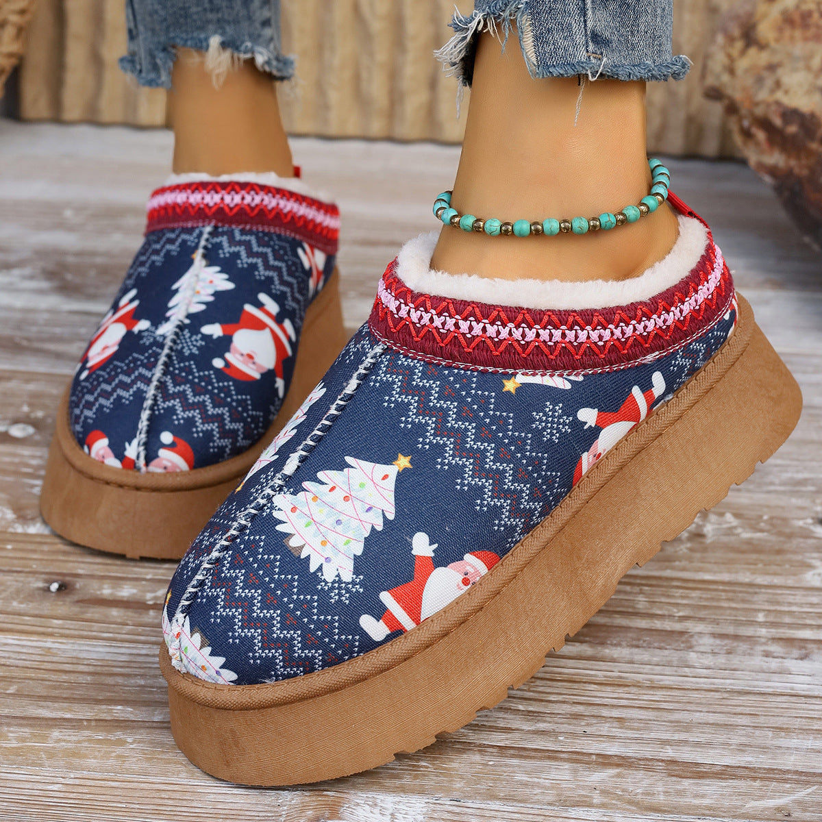 Bottines imprimées de noël pour femmes, chaussures de maison décontractées à enfiler, doublées en peluche, bottes courtes confortables d'hiver