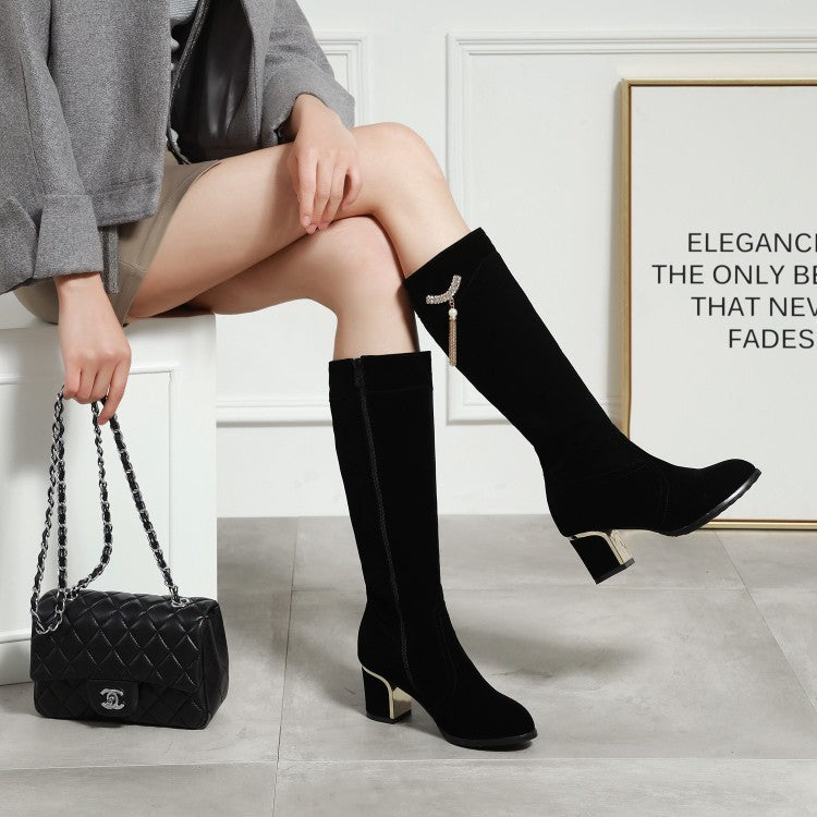 Botas de gamuza de talla grande y pequeña para mujer, colgante de diamantes de imitación de Metal, tacón alto grueso, cremallera lateral