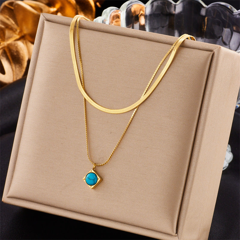 Collier double en acier titane avec pendentif carré diamant