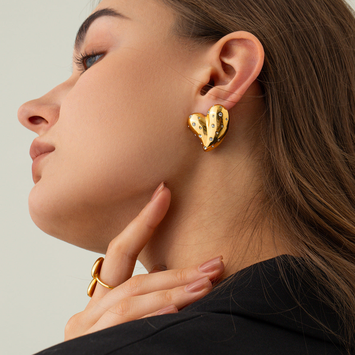 Boucles d'oreilles mode en or 18 carats et acier inoxydable incrusté de diamants blancs, cœur d'amour