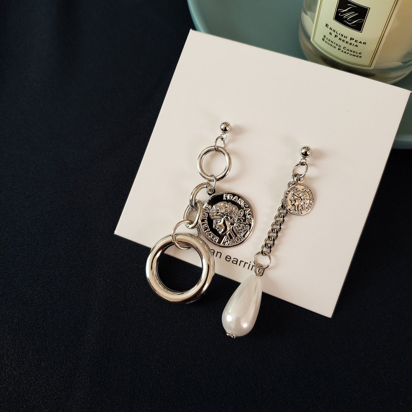 Japanese And Korean Style Vintage Ring Portrait Pearl Mixed Asymmetric Earrings