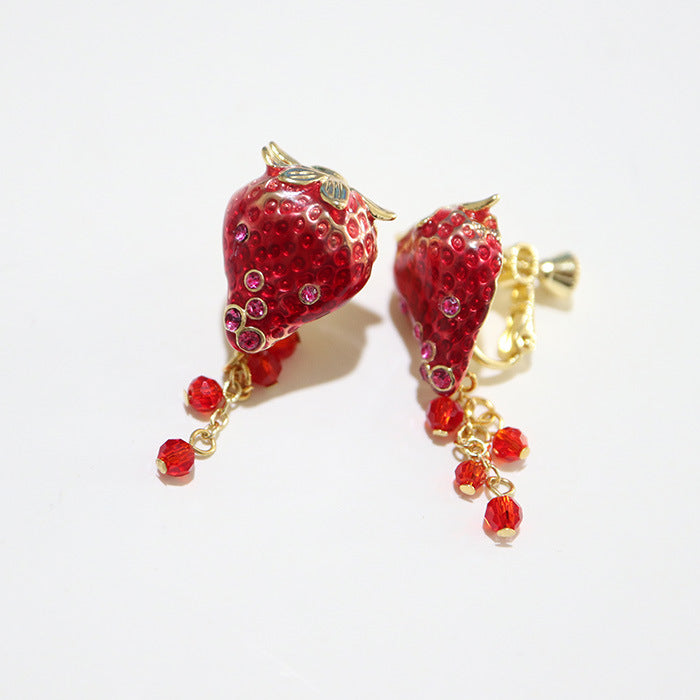 Boucles d'oreilles en émail dégoulinant de fruits fraises et diamants en argent sterling avec aiguille
