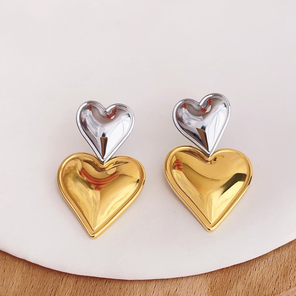 18K Gold Stainless Steel Heart-shaped Gold And Silver Color Matching Earrings