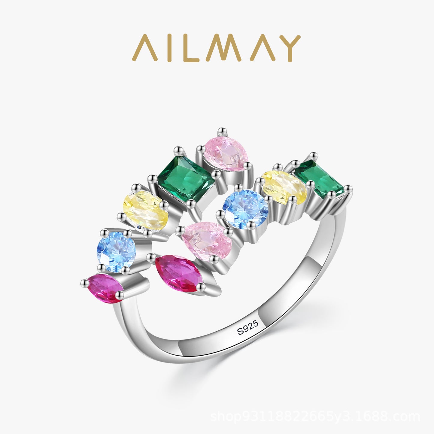 Women's S925 Sterling Silver Rainbow Zircon Opening Geometric Design Ring