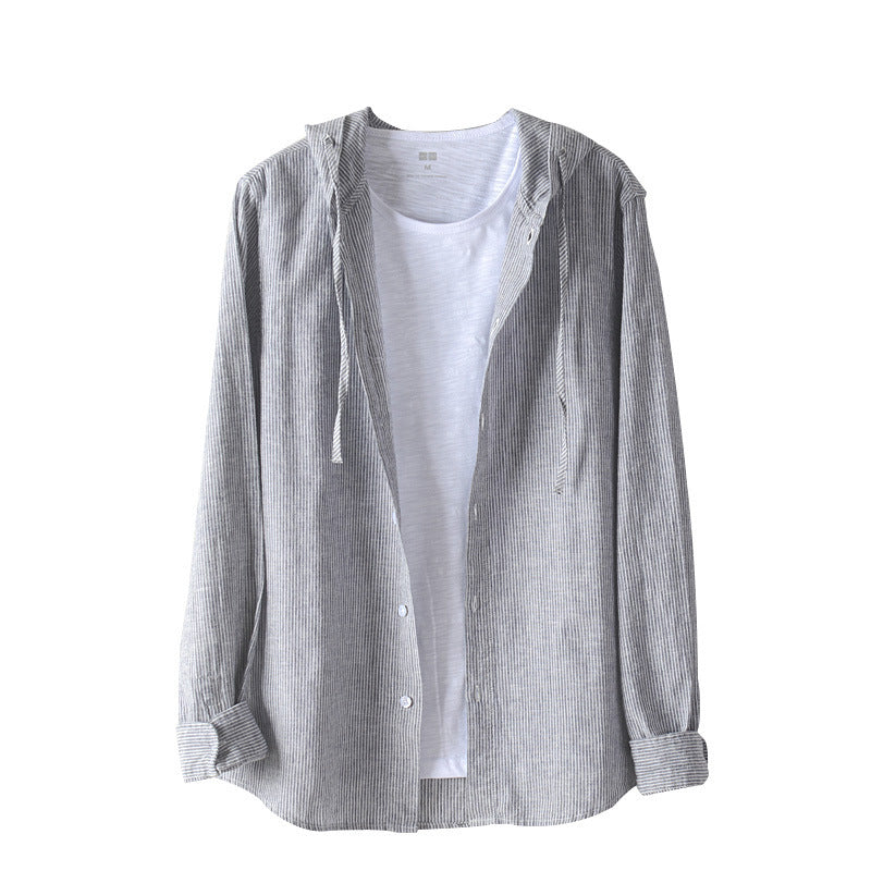Men's Cotton And Linen Casual Hooded Long-sleeved Shirt