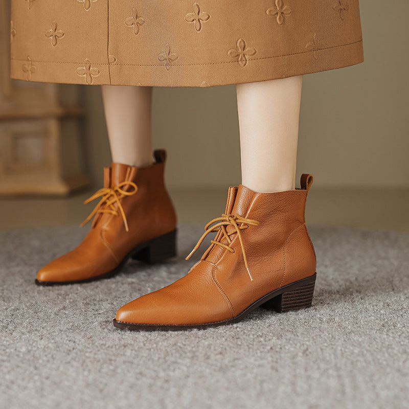 Bout pointu dentelle talon épais talon moyen cuir de vache bottes martin