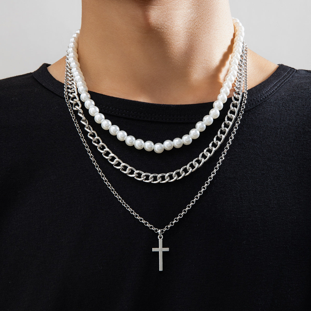 Collier Hip Hop Hipster européen avec croix de perles