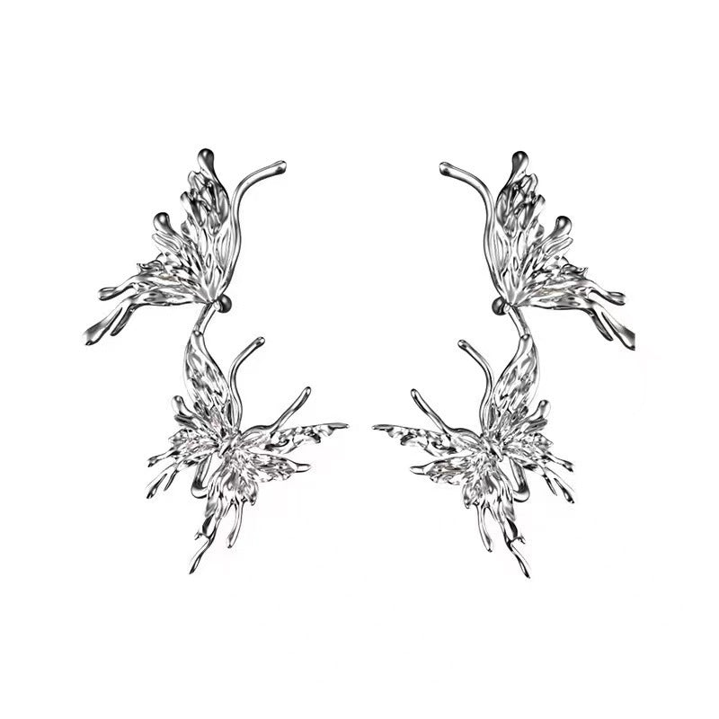 Boucles d'oreilles à tige intégrées en forme de papillon liquide argenté, Clip d'oreille