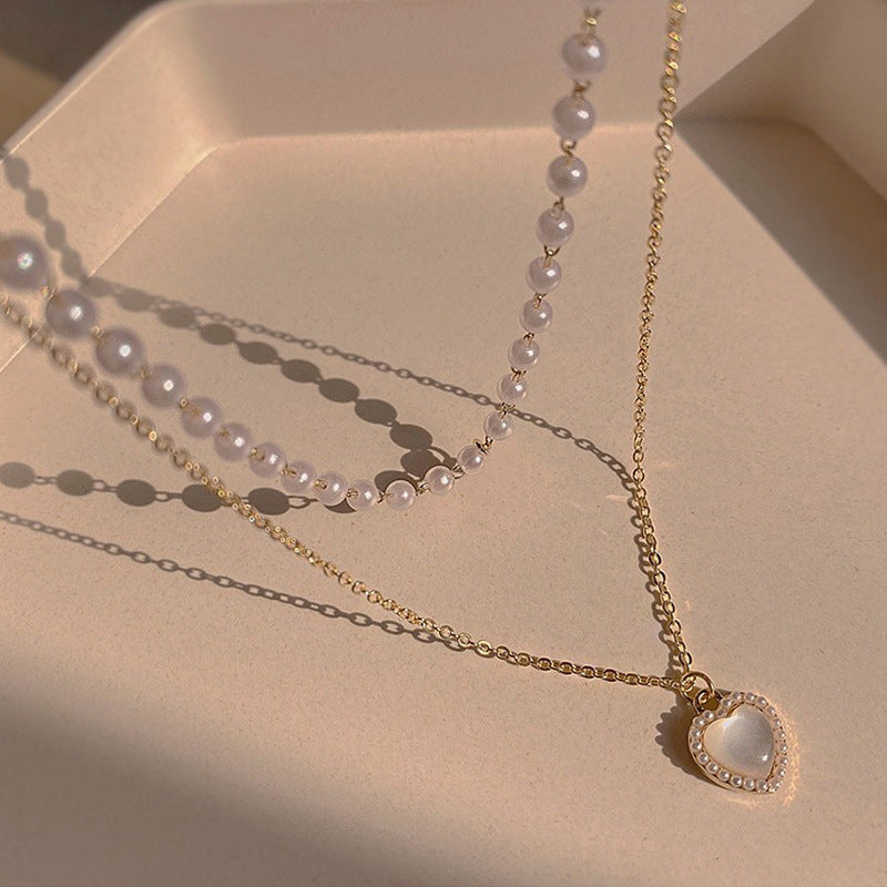 Women's Pearl Double-layer Opal Heart Necklace