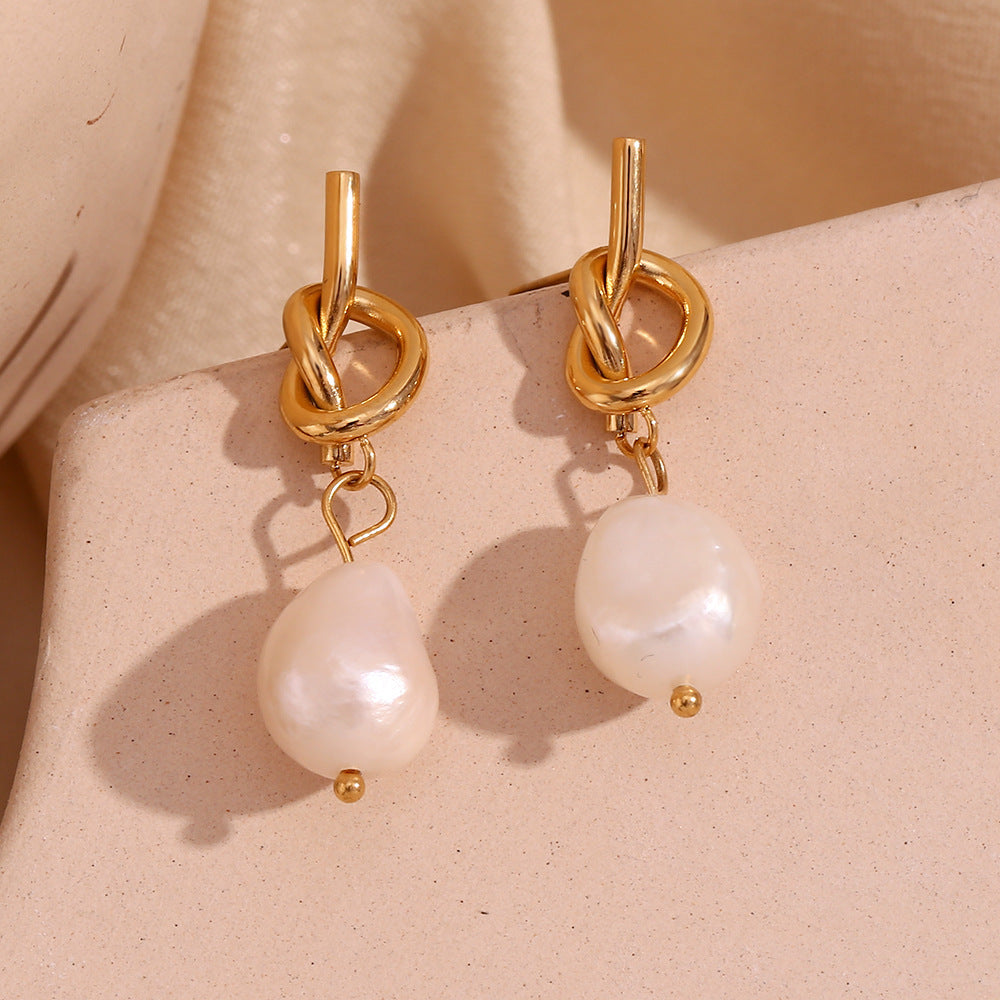 Fashion Stainless Steel 18K Gold Plating Knotted Button Freshwater Pearl Ear Studs