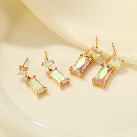 Boucles d'oreilles en acier inoxydable et zircon, diamant rectangulaire, mode 18 carats, titane