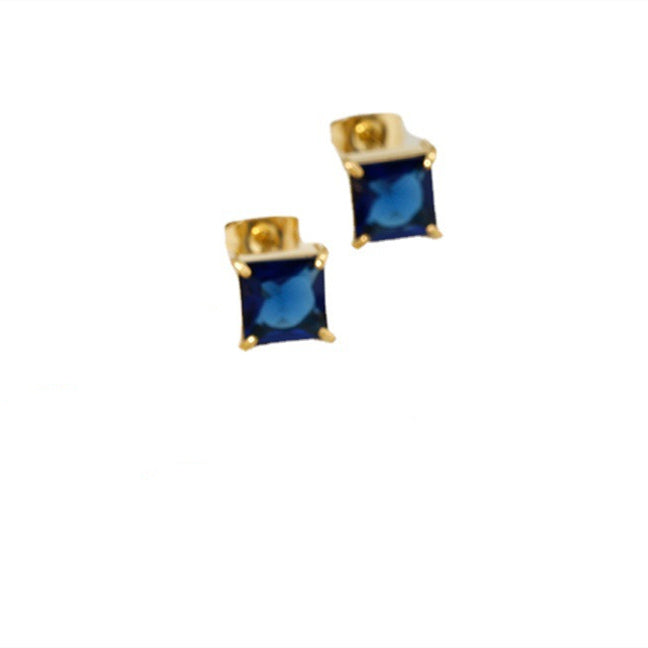 New Simple Titanium Steel 14K Gold Four Claw Inlaid Stone Square Diamond Small Ear Studs